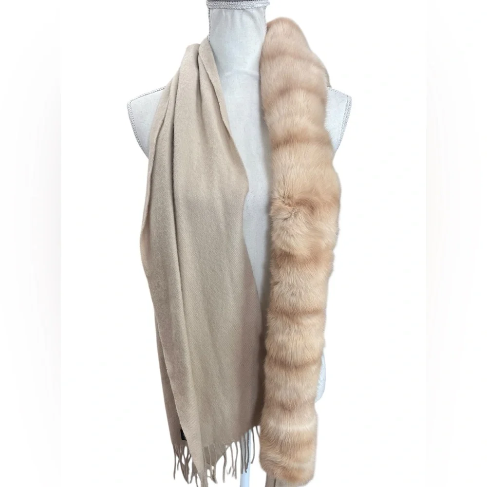 Vintage German Pure Wool Scarf Shawl Genuine Fur Collar Fringe Wrap